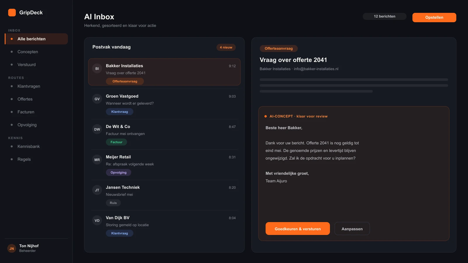 GripDeck AI-inbox met herkende routes en een AI-concept